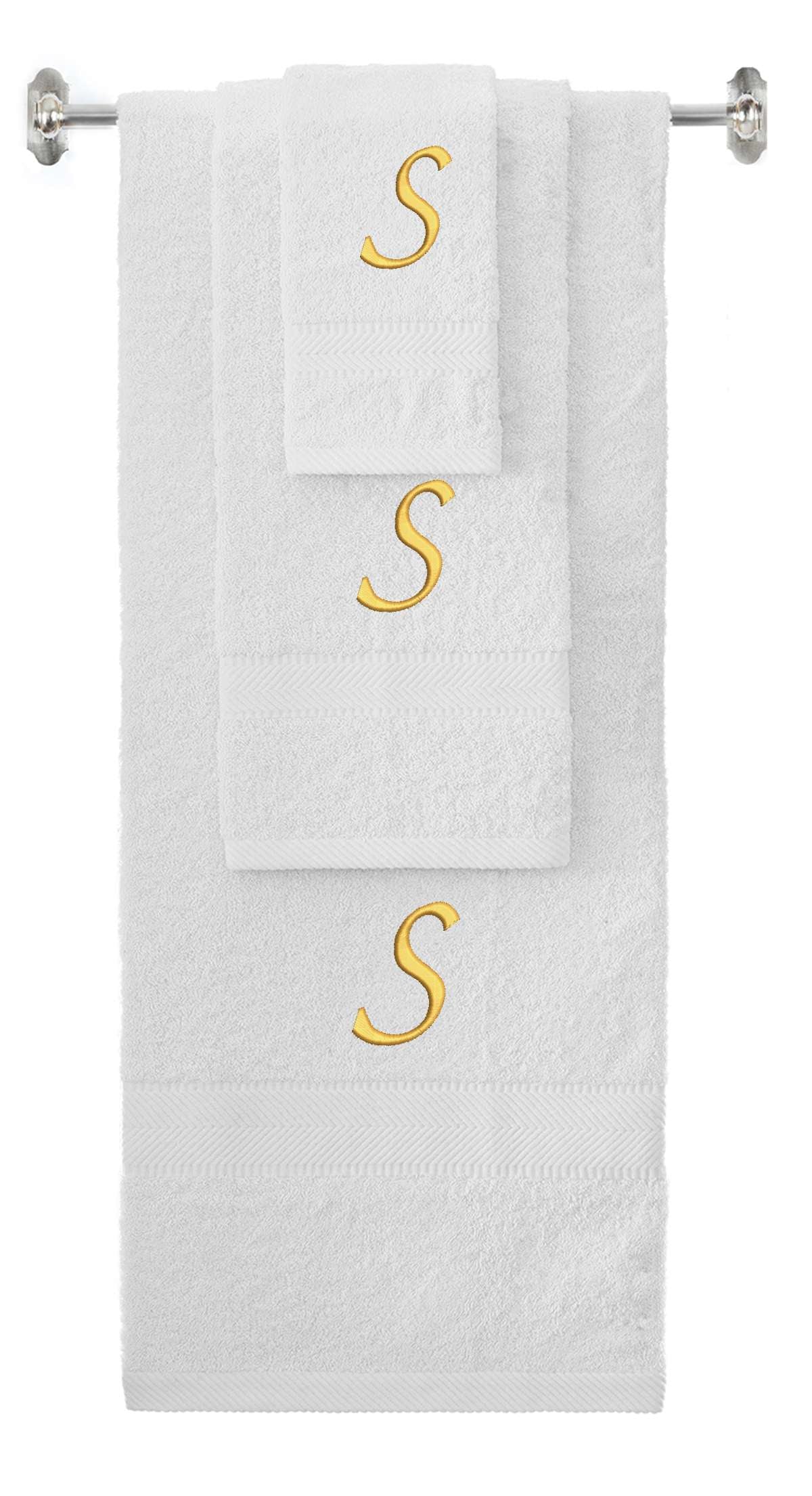 White monogrammed towel set with Gold thread, Chancery font, initial S - 540 GSM cotton 3-piece