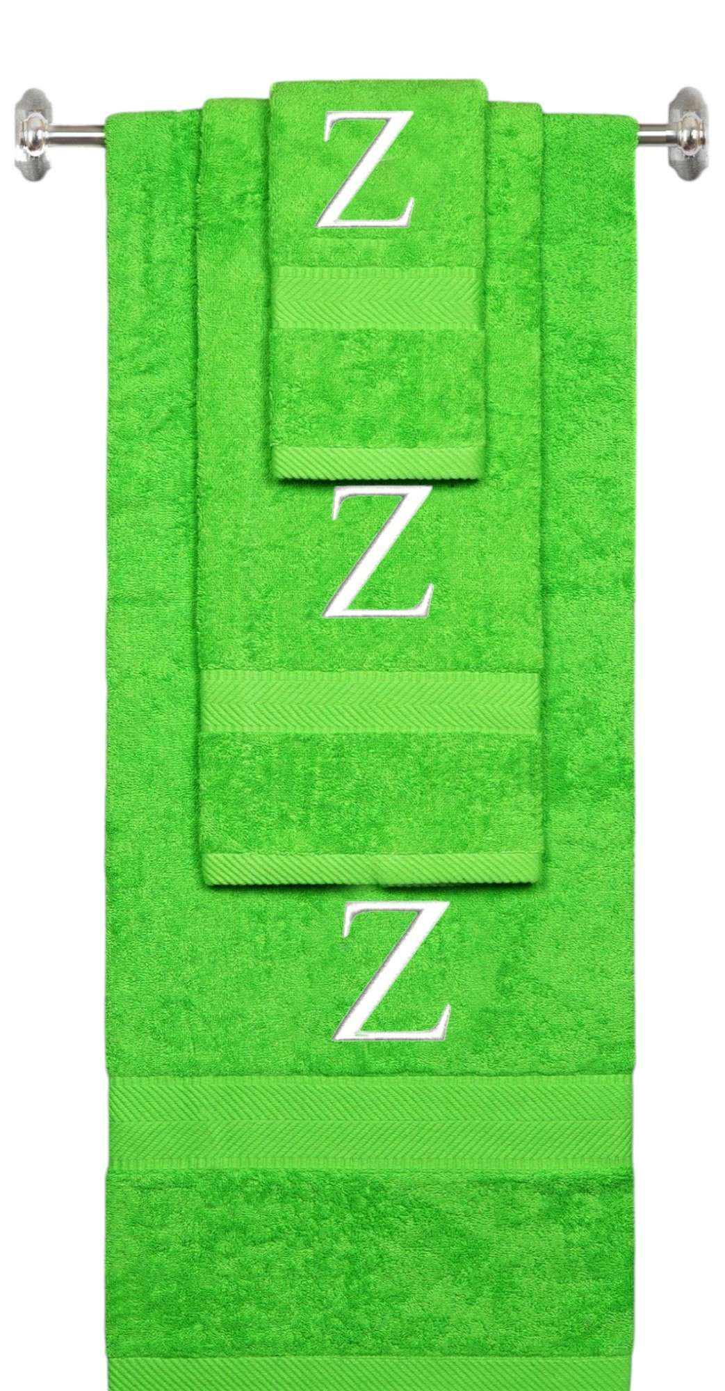 Lime monogrammed towel set with White thread, Times New Roman font, initial Z - 540 GSM cotton 3-piece