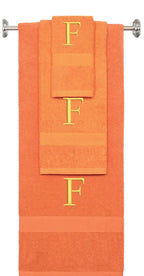 Orange monogrammed towel set with Gold thread, Times New Roman font, initial F - 540 GSM cotton 3-piece