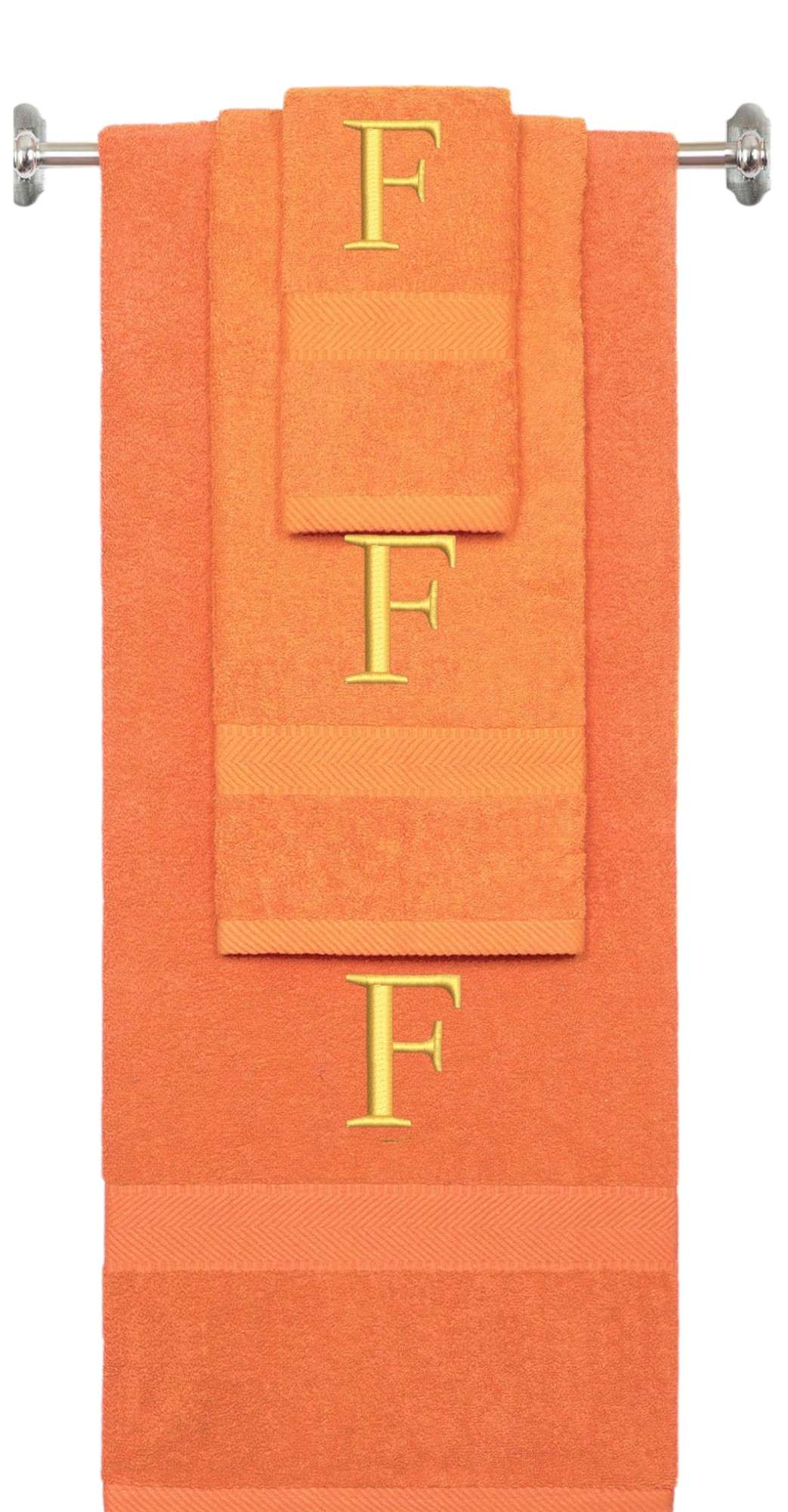 Orange monogrammed towel set with Gold thread, Times New Roman font, initial F - 540 GSM cotton 3-piece