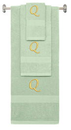 Mint Green monogrammed towel set with Gold thread, Chancery font, initial Q - 540 GSM cotton 3-piece
