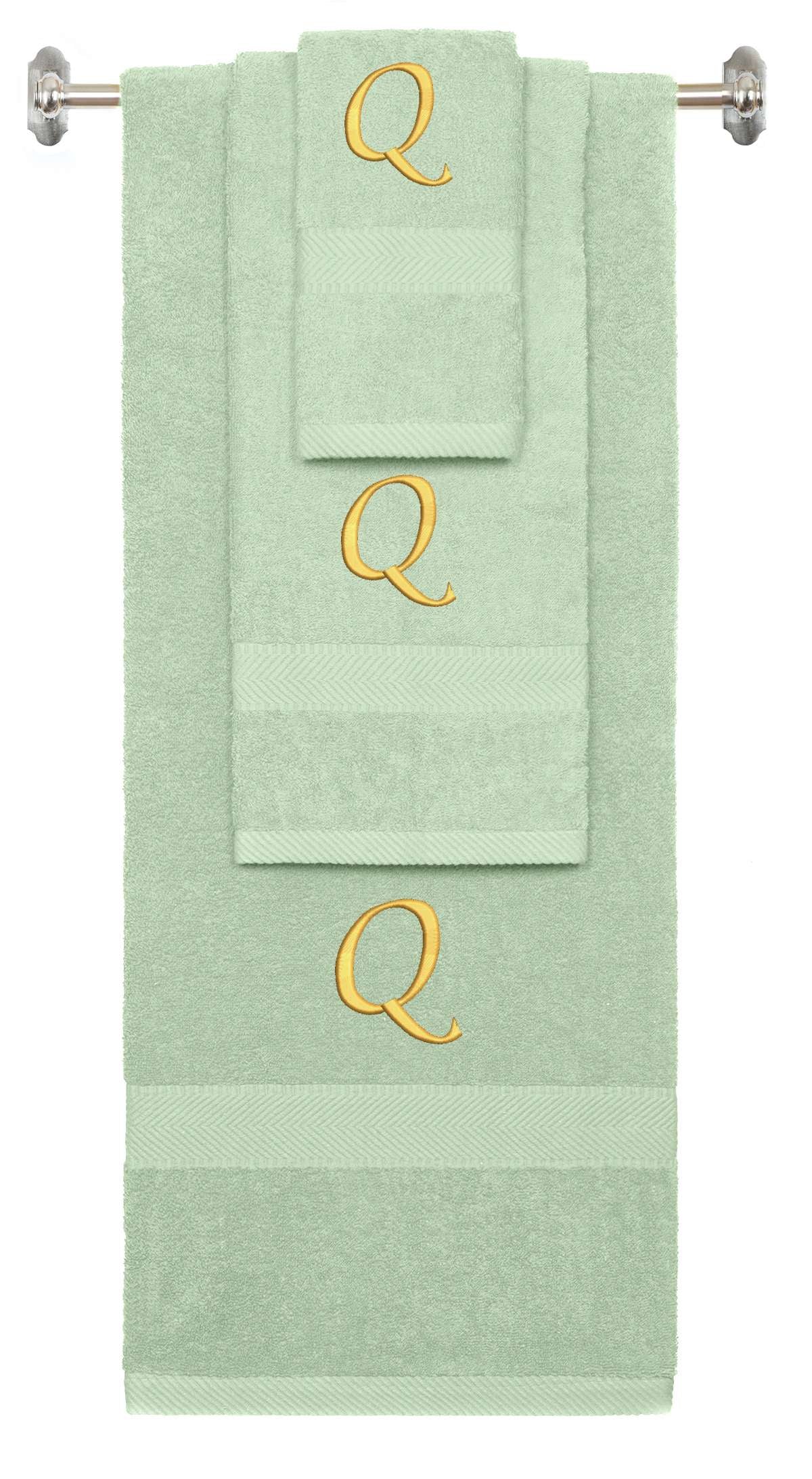 Mint Green monogrammed towel set with Gold thread, Chancery font, initial Q - 540 GSM cotton 3-piece
