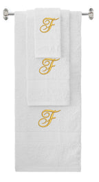White monogrammed towel set with Gold thread, Diana Script font, initial F - 540 GSM cotton 3-piece