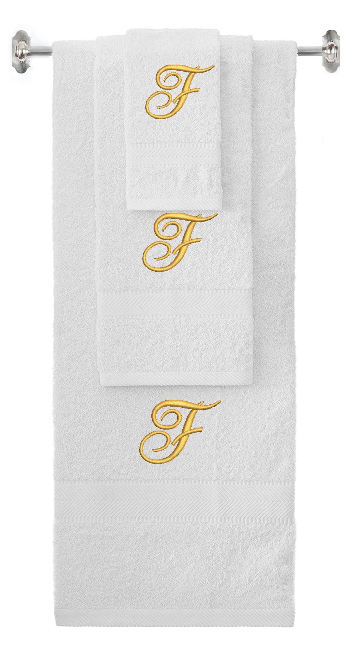 White monogrammed towel set with Gold thread, Diana Script font, initial F - 540 GSM cotton 3-piece