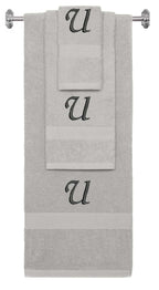 Silver monogrammed towel set with Black thread, Chancery font, initial U - 540 GSM cotton 3-piece