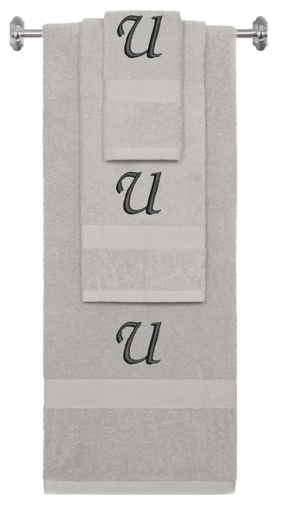 Silver monogrammed towel set with Black thread, Chancery font, initial U - 540 GSM cotton 3-piece