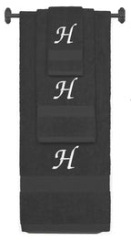 Charcoal monogrammed towel set with White thread, Chancery font, initial H - 540 GSM cotton 3-piece