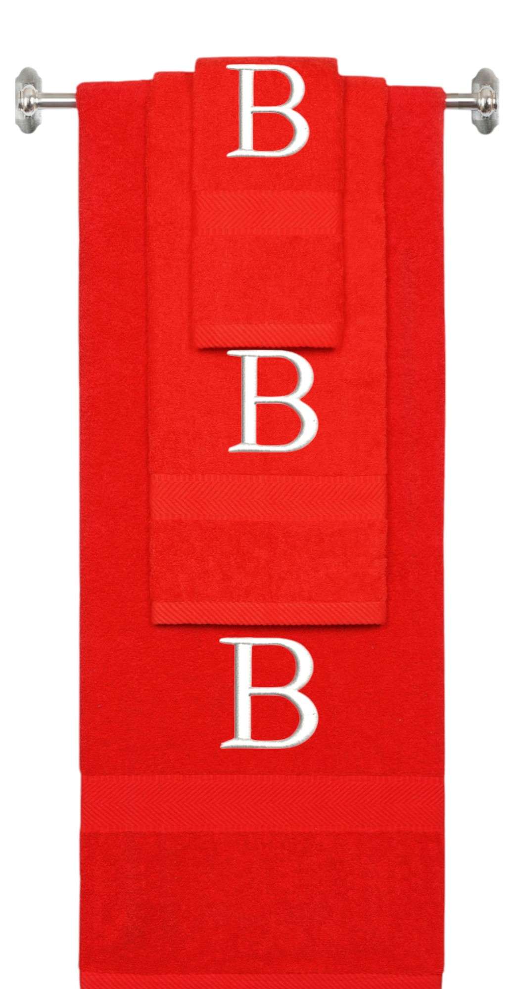 Red monogrammed towel set with White thread, Times New Roman font, initial B - 540 GSM cotton 3-piece