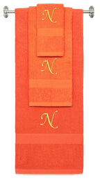 Orange monogrammed towel set with Gold thread, Chancery font, initial N - 540 GSM cotton 3-piece