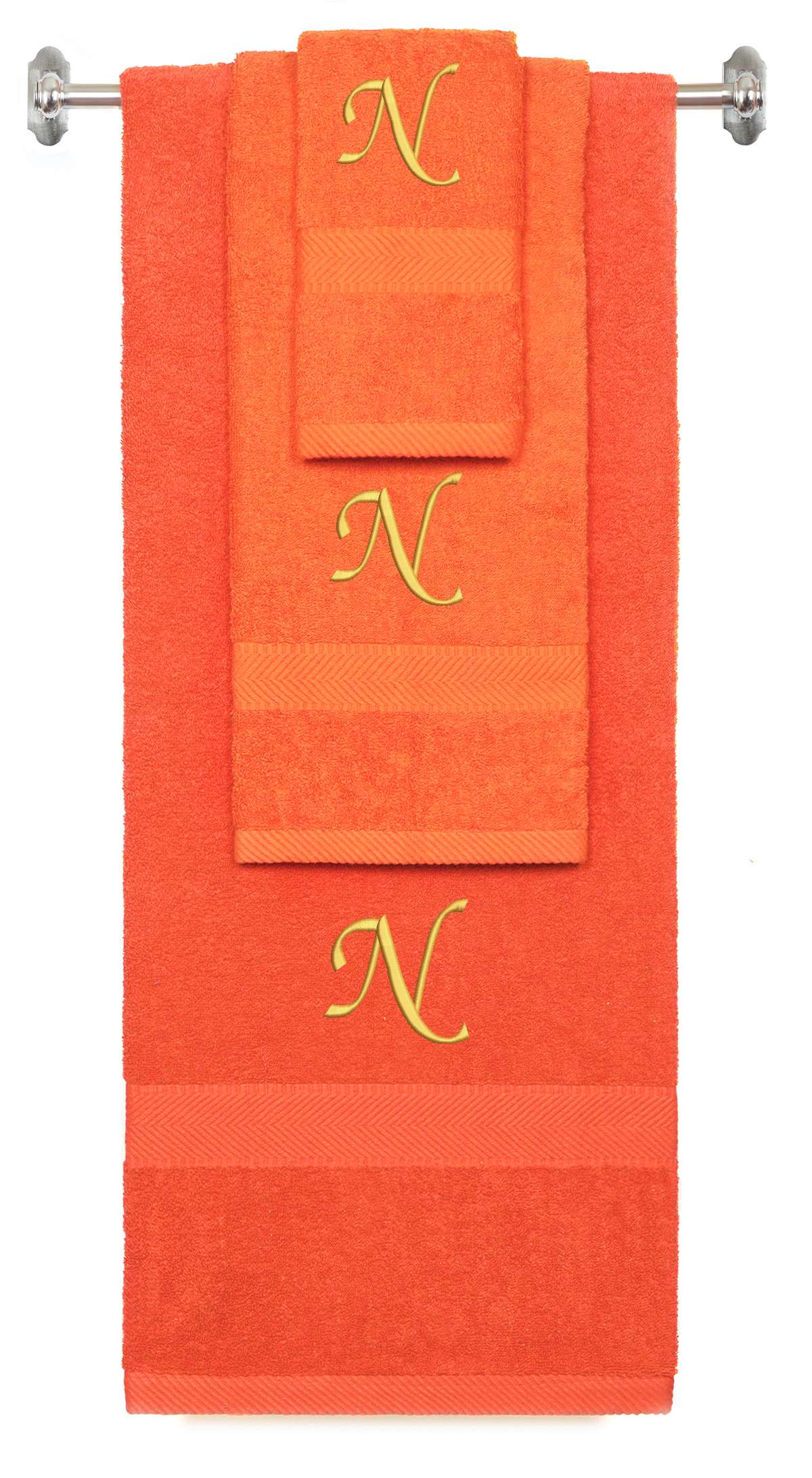 Orange monogrammed towel set with Gold thread, Chancery font, initial N - 540 GSM cotton 3-piece