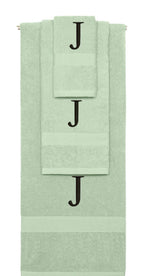 Mint Green monogrammed towel set with Black thread, Times New Roman font, initial J - 540 GSM cotton 3-piece
