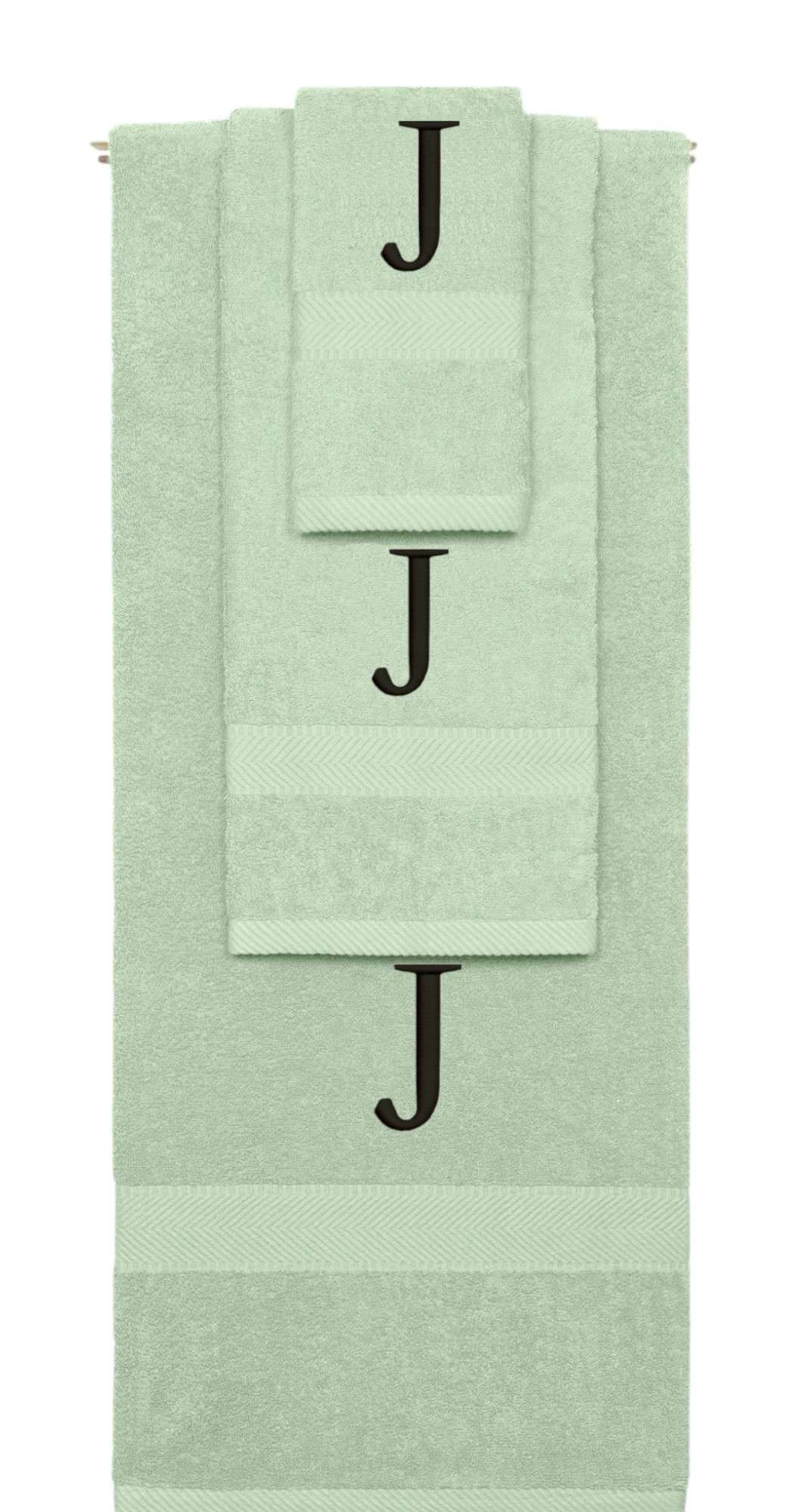 Mint Green monogrammed towel set with Black thread, Times New Roman font, initial J - 540 GSM cotton 3-piece