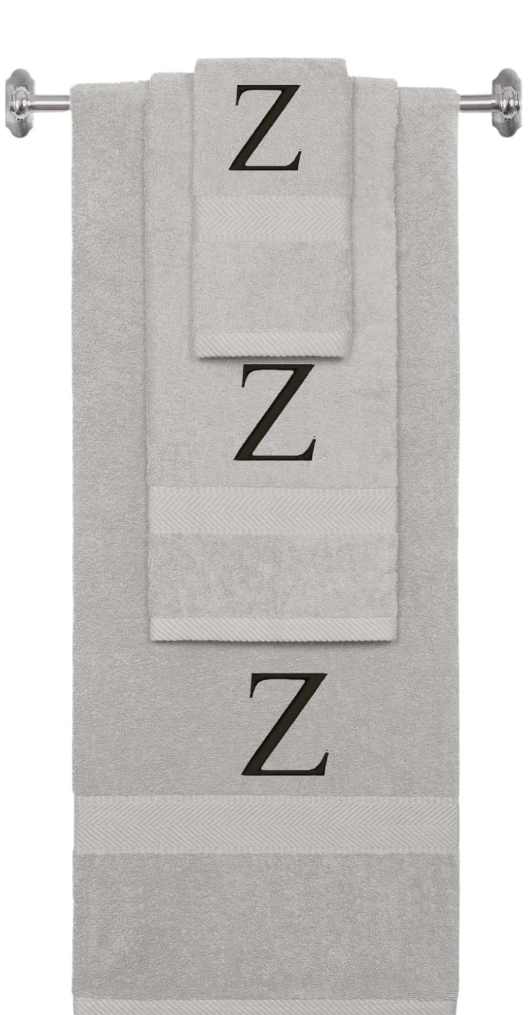 Silver monogrammed towel set with Black thread, Times New Roman font, initial Z - 540 GSM cotton 3-piece