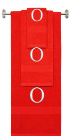 Red monogrammed towel set with Silver thread, Times New Roman font, initial O - 540 GSM cotton 3-piece
