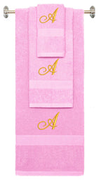 Pink monogrammed towel set with Gold thread, Diana Script font, initial A - 540 GSM cotton 3-piece