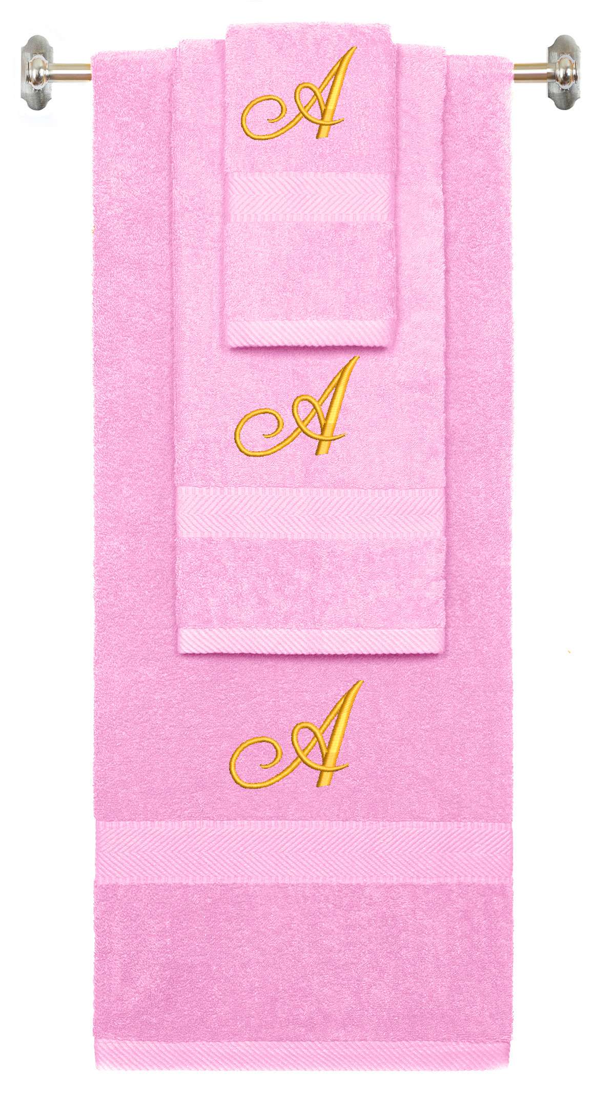 Pink monogrammed towel set with Gold thread, Diana Script font, initial A - 540 GSM cotton 3-piece