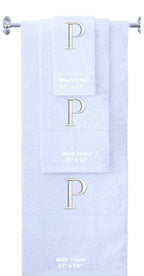 White monogrammed towel set with Silver thread, Times New Roman font, initial P - 540 GSM cotton 3-piece