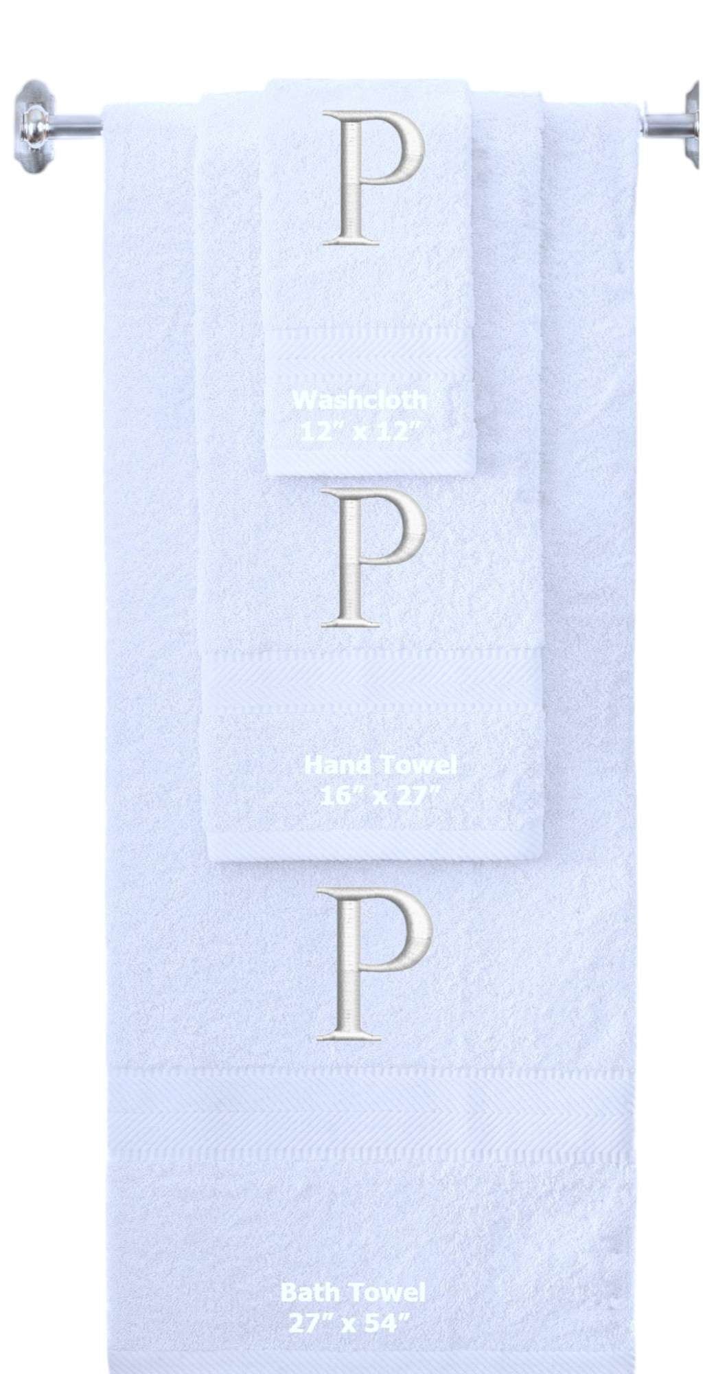 White monogrammed towel set with Silver thread, Times New Roman font, initial P - 540 GSM cotton 3-piece