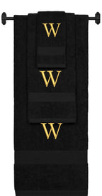 Black monogrammed towel set with Gold thread, Times New Roman font, initial W - 540 GSM cotton 3-piece