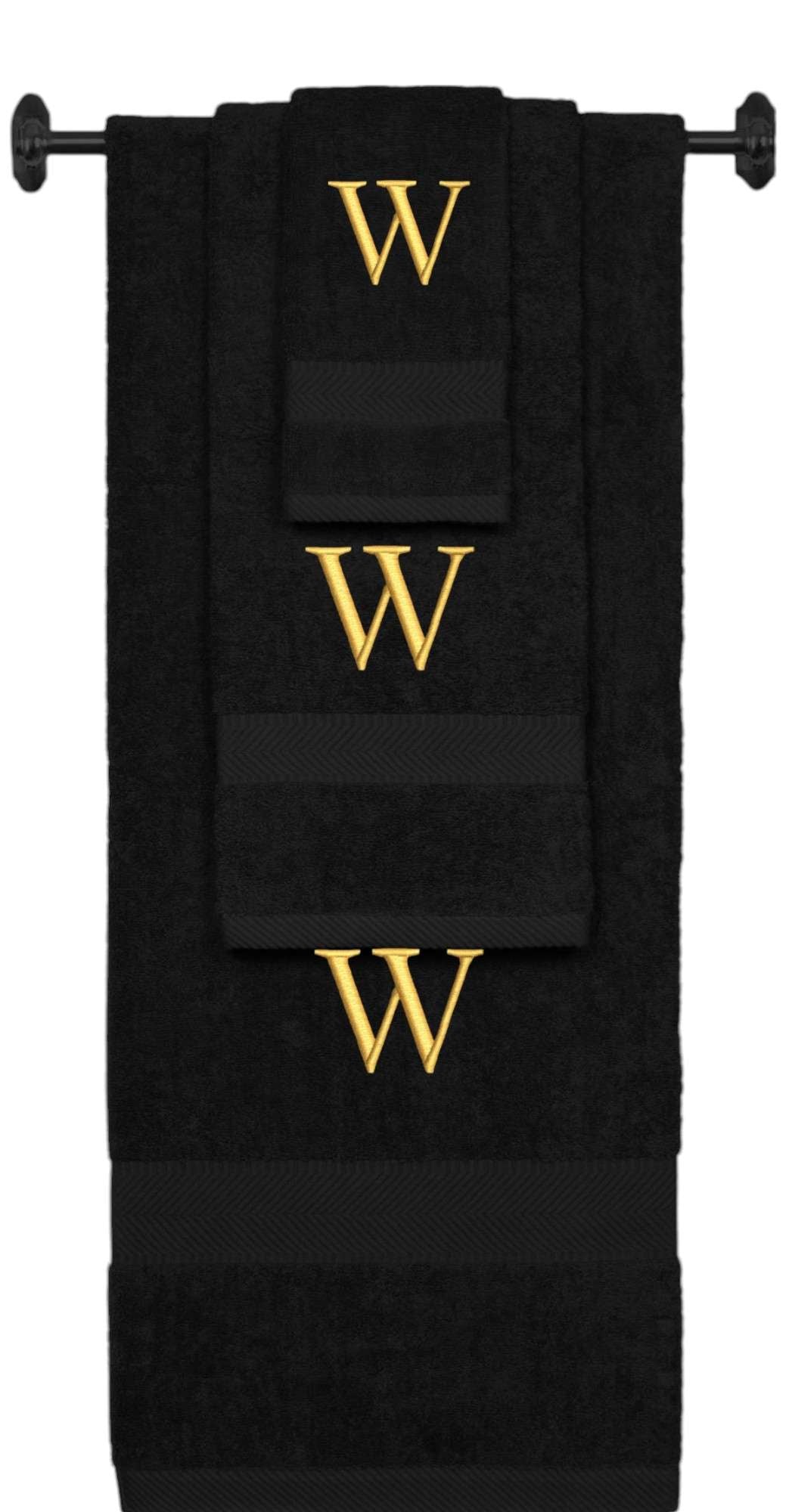 Black monogrammed towel set with Gold thread, Times New Roman font, initial W - 540 GSM cotton 3-piece