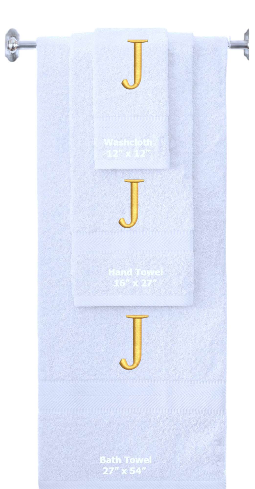 White monogrammed towel set with Gold thread, Times New Roman font, initial J - 540 GSM cotton 3-piece