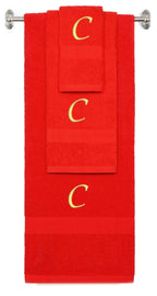Red monogrammed towel set with Gold thread, Chancery font, initial C - 540 GSM cotton 3-piece