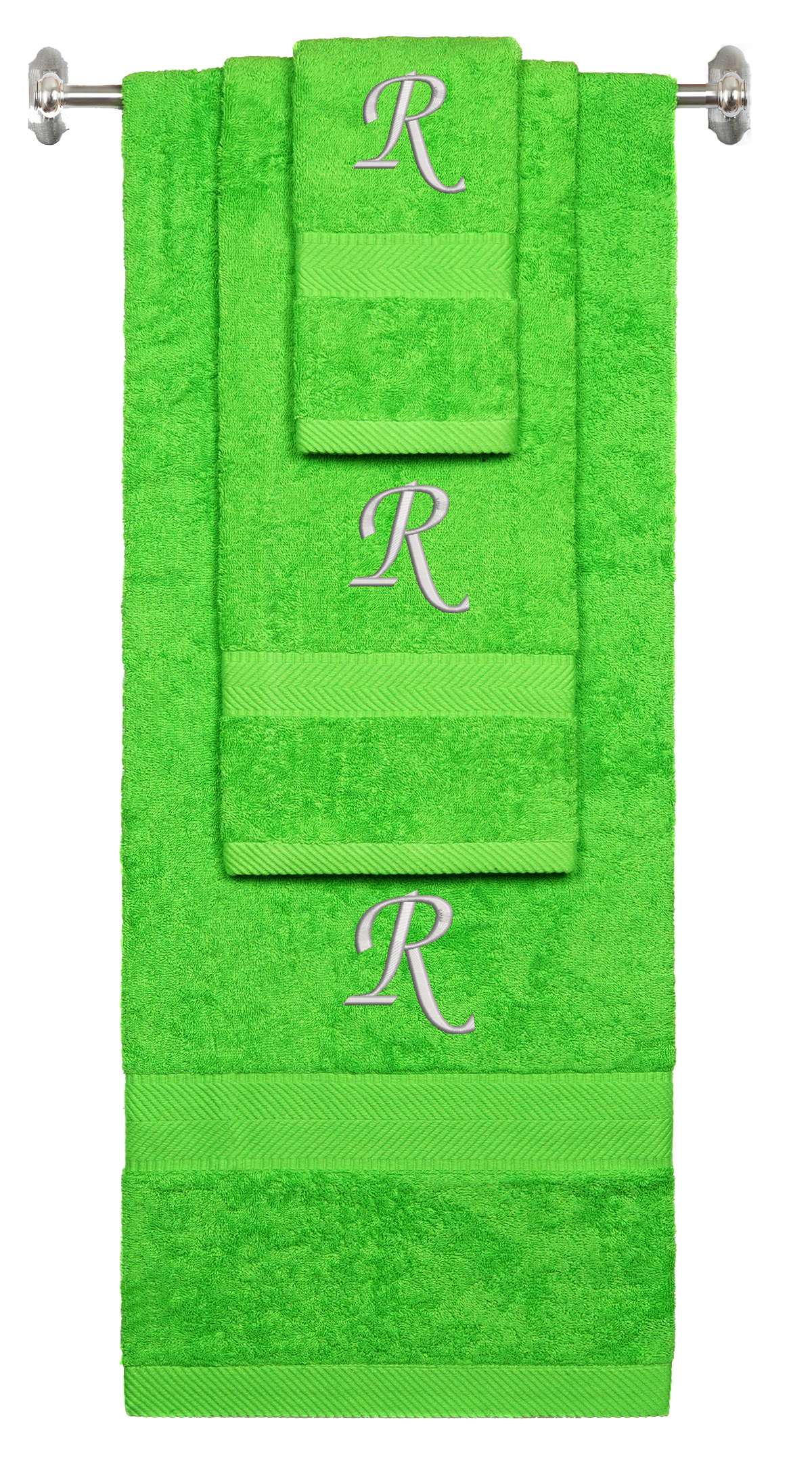 Lime monogrammed towel set with Silver thread, Chancery font, initial R - 540 GSM cotton 3-piece