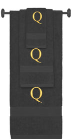 Charcoal monogrammed towel set with Gold thread, Times New Roman font, initial Q - 540 GSM cotton 3-piece