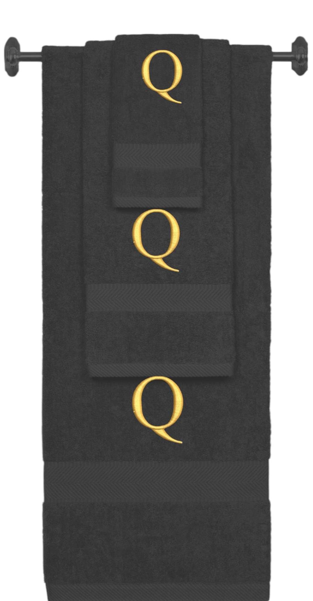 Charcoal monogrammed towel set with Gold thread, Times New Roman font, initial Q - 540 GSM cotton 3-piece