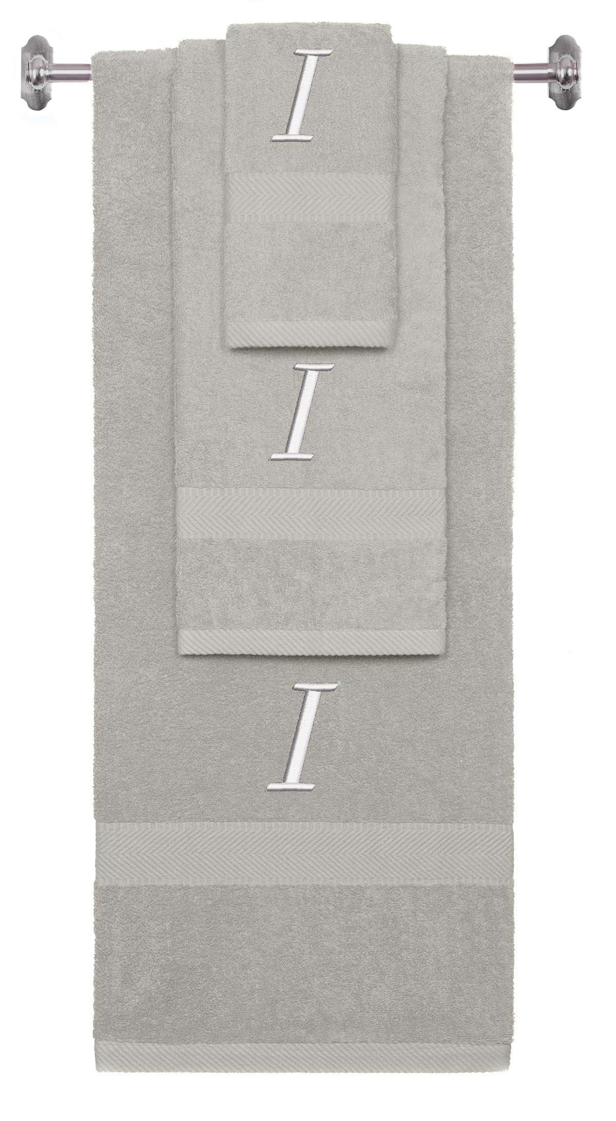 Silver monogrammed towel set with White thread, Chancery font, initial I - 540 GSM cotton 3-piece