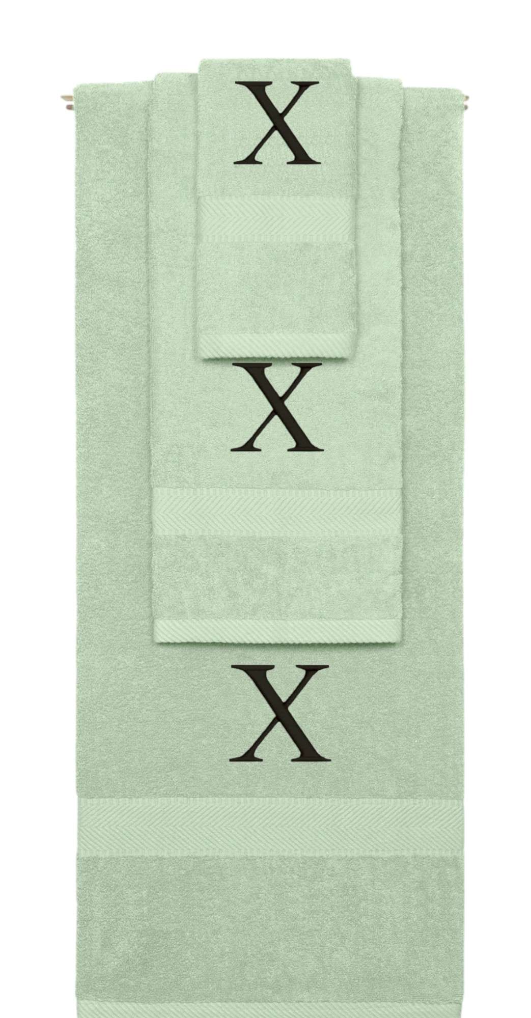 Mint Green monogrammed towel set with Black thread, Times New Roman font, initial X - 540 GSM cotton 3-piece