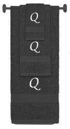 Charcoal monogrammed towel set with White thread, Chancery font, initial Q - 540 GSM cotton 3-piece