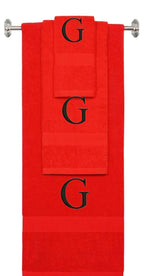 Red monogrammed towel set with Black thread, Times New Roman font, initial G - 540 GSM cotton 3-piece