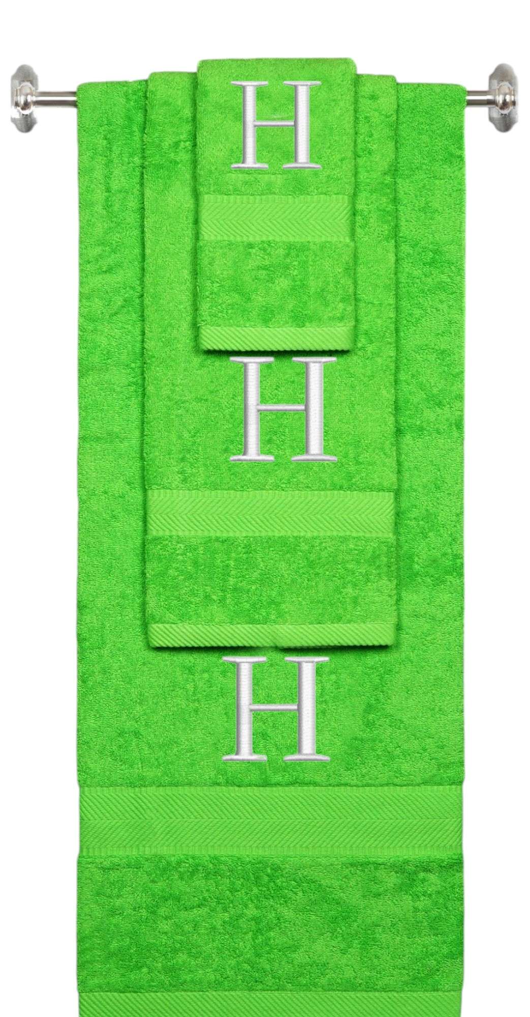 Lime monogrammed towel set with Silver thread, Times New Roman font, initial H - 540 GSM cotton 3-piece