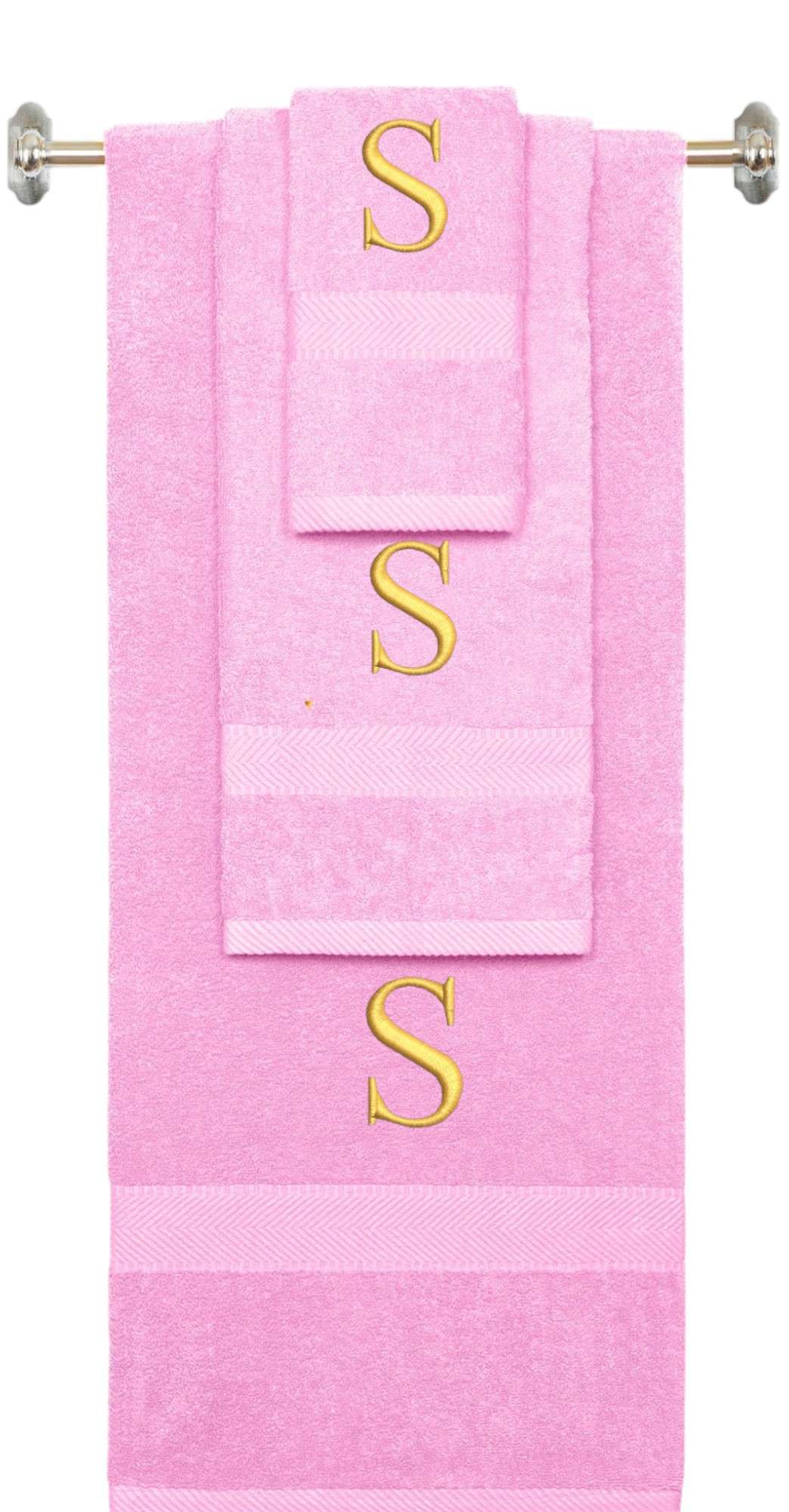 Pink monogrammed towel set with Silver thread, Times New Roman font, initial S - 540 GSM cotton 3-piece