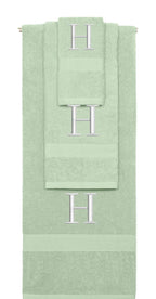 Mint Green monogrammed towel set with Silver thread, Times New Roman font, initial H - 540 GSM cotton 3-piece