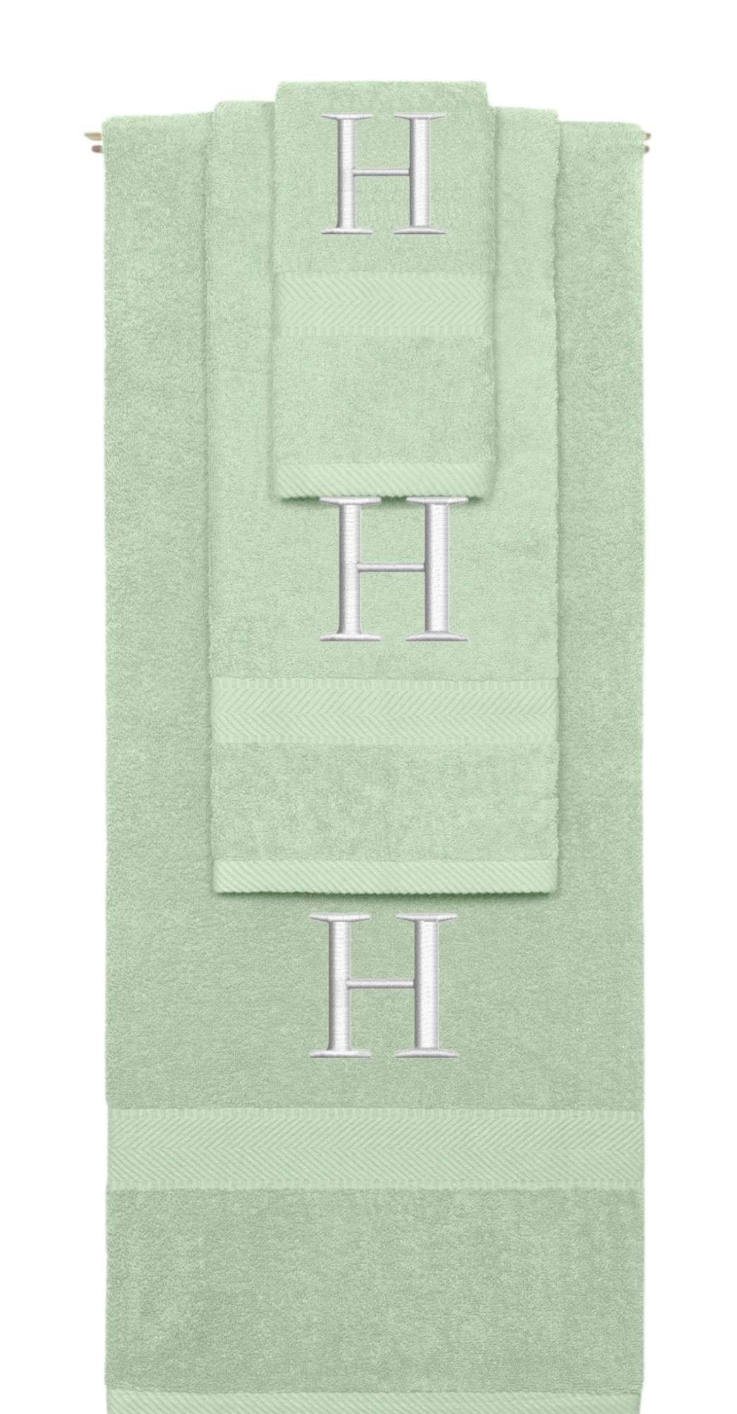 Mint Green monogrammed towel set with Silver thread, Times New Roman font, initial H - 540 GSM cotton 3-piece