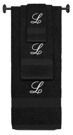 Black monogrammed towel set with Silver thread, Diana Script font, initial L - 540 GSM cotton 3-piece
