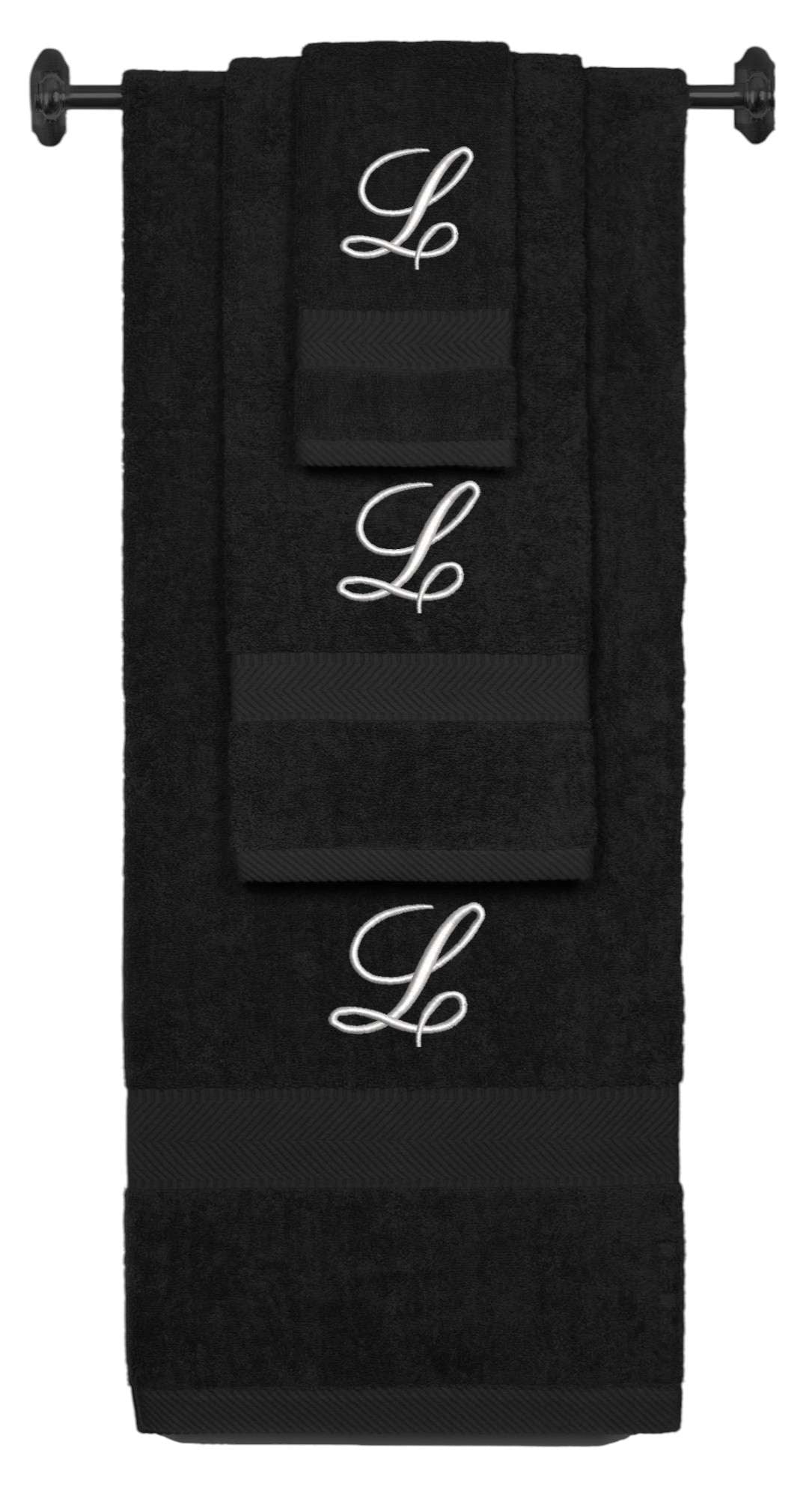 Black monogrammed towel set with Silver thread, Diana Script font, initial L - 540 GSM cotton 3-piece