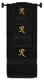Black monogrammed towel set with Gold thread, Chancery font, initial R - 540 GSM cotton 3-piece