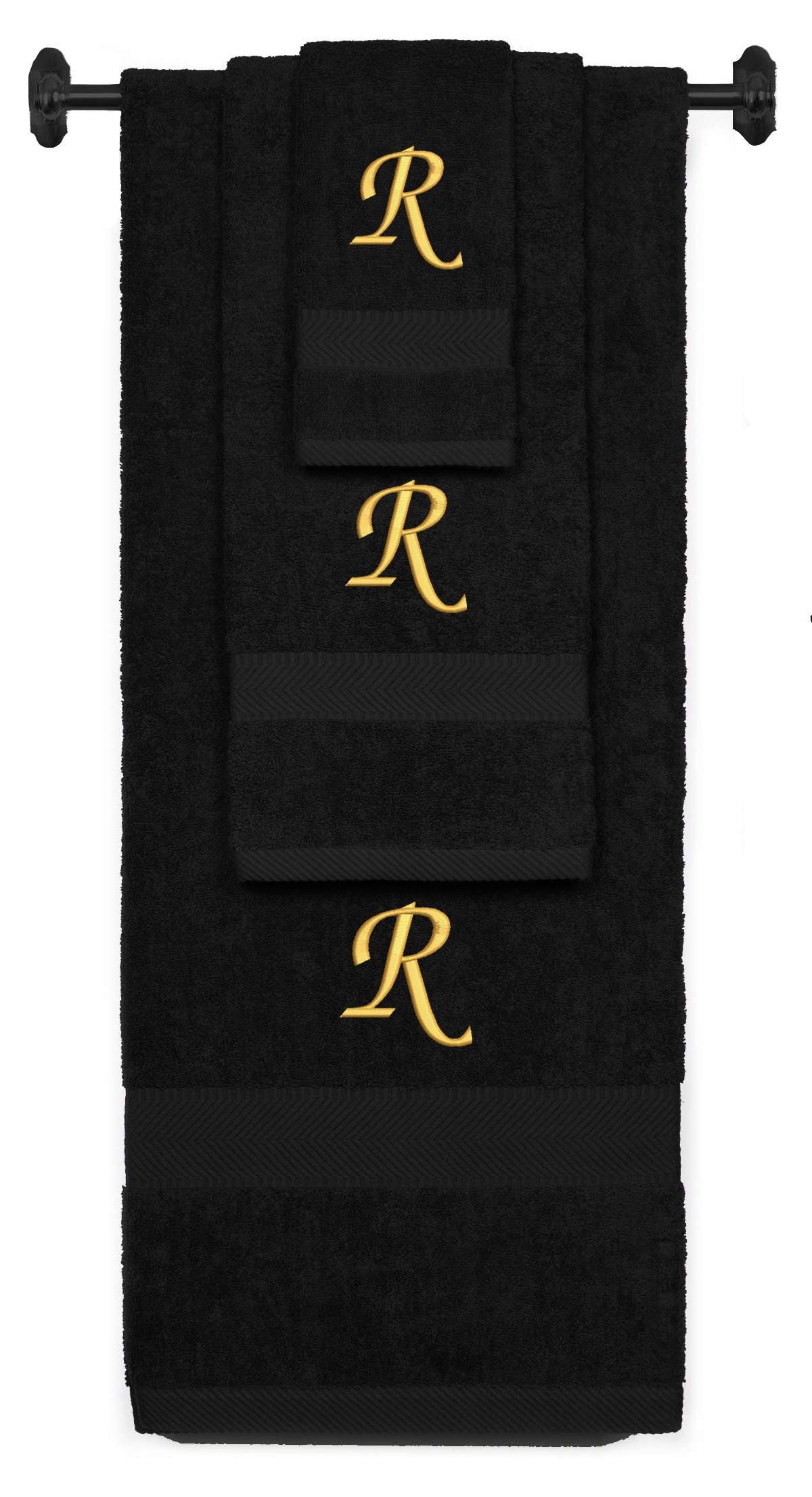 Black monogrammed towel set with Gold thread, Chancery font, initial R - 540 GSM cotton 3-piece