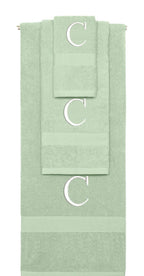 Mint Green monogrammed towel set with White thread, Times New Roman font, initial C - 540 GSM cotton 3-piece