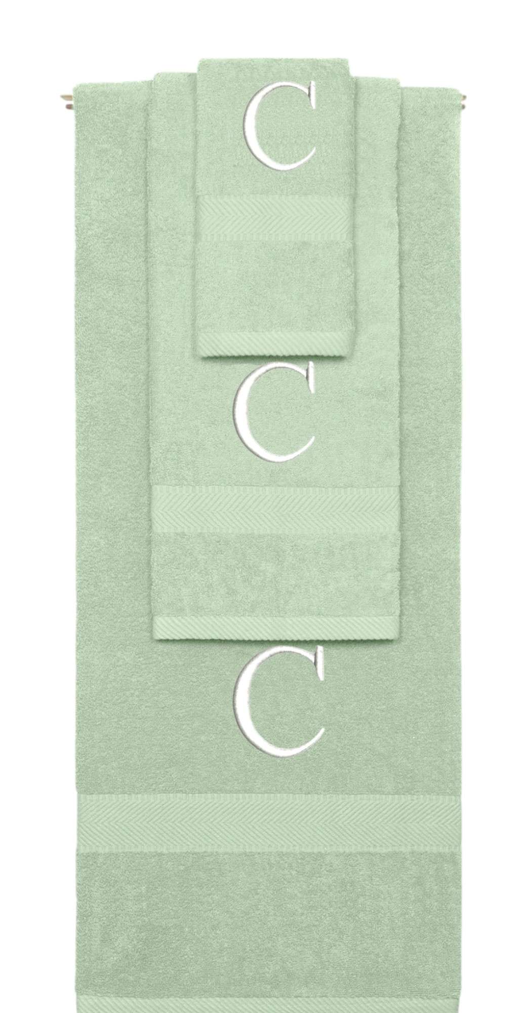 Mint Green monogrammed towel set with White thread, Times New Roman font, initial C - 540 GSM cotton 3-piece