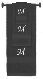Charcoal monogrammed towel set with White thread, Chancery font, initial M - 540 GSM cotton 3-piece