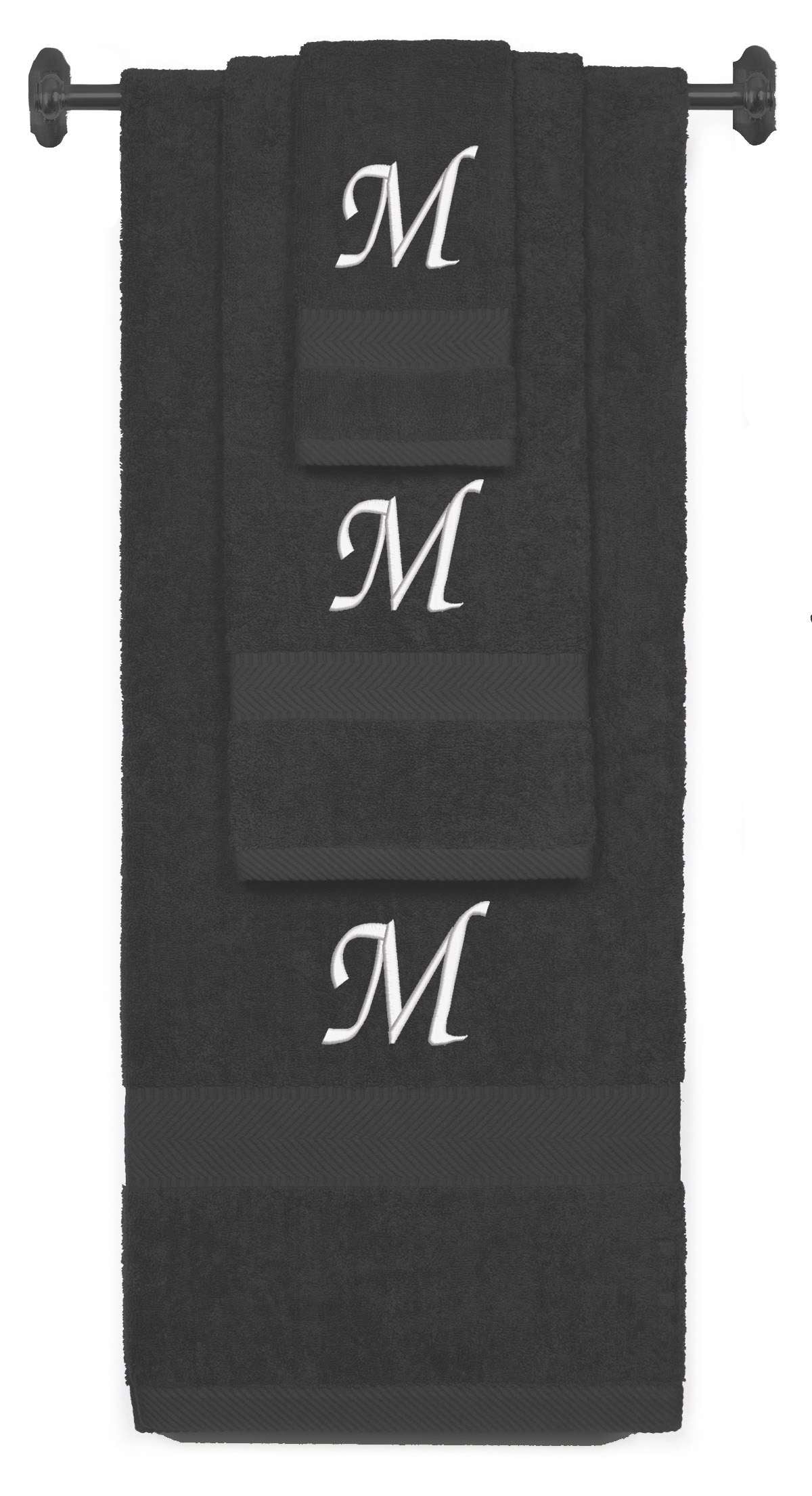 Charcoal monogrammed towel set with White thread, Chancery font, initial M - 540 GSM cotton 3-piece