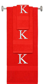 Red monogrammed towel set with Silver thread, Times New Roman font, initial K - 540 GSM cotton 3-piece