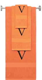 Orange monogrammed towel set with Black thread, Times New Roman font, initial V - 540 GSM cotton 3-piece