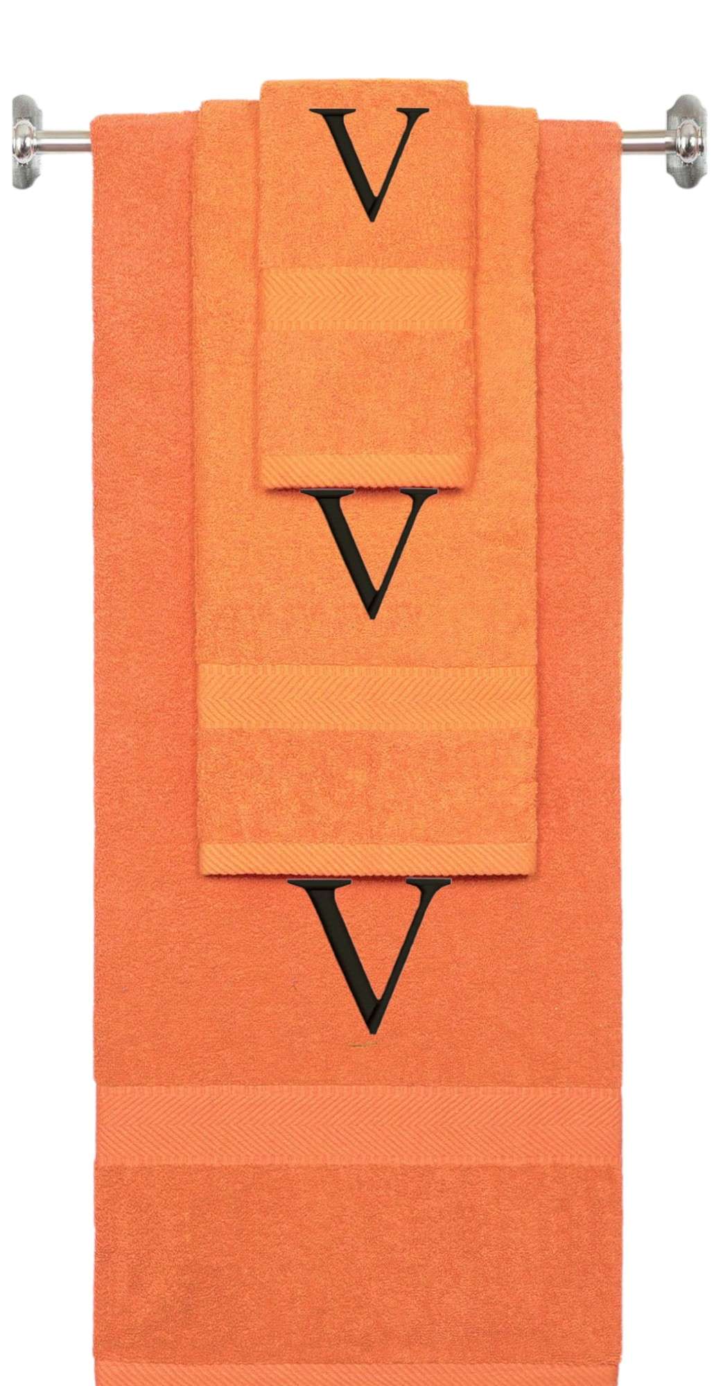 Orange monogrammed towel set with Black thread, Times New Roman font, initial V - 540 GSM cotton 3-piece