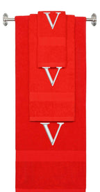 Red monogrammed towel set with Silver thread, Times New Roman font, initial V - 540 GSM cotton 3-piece