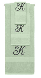 Mint Green monogrammed towel set with Black thread, Diana Script font, initial K - 540 GSM cotton 3-piece